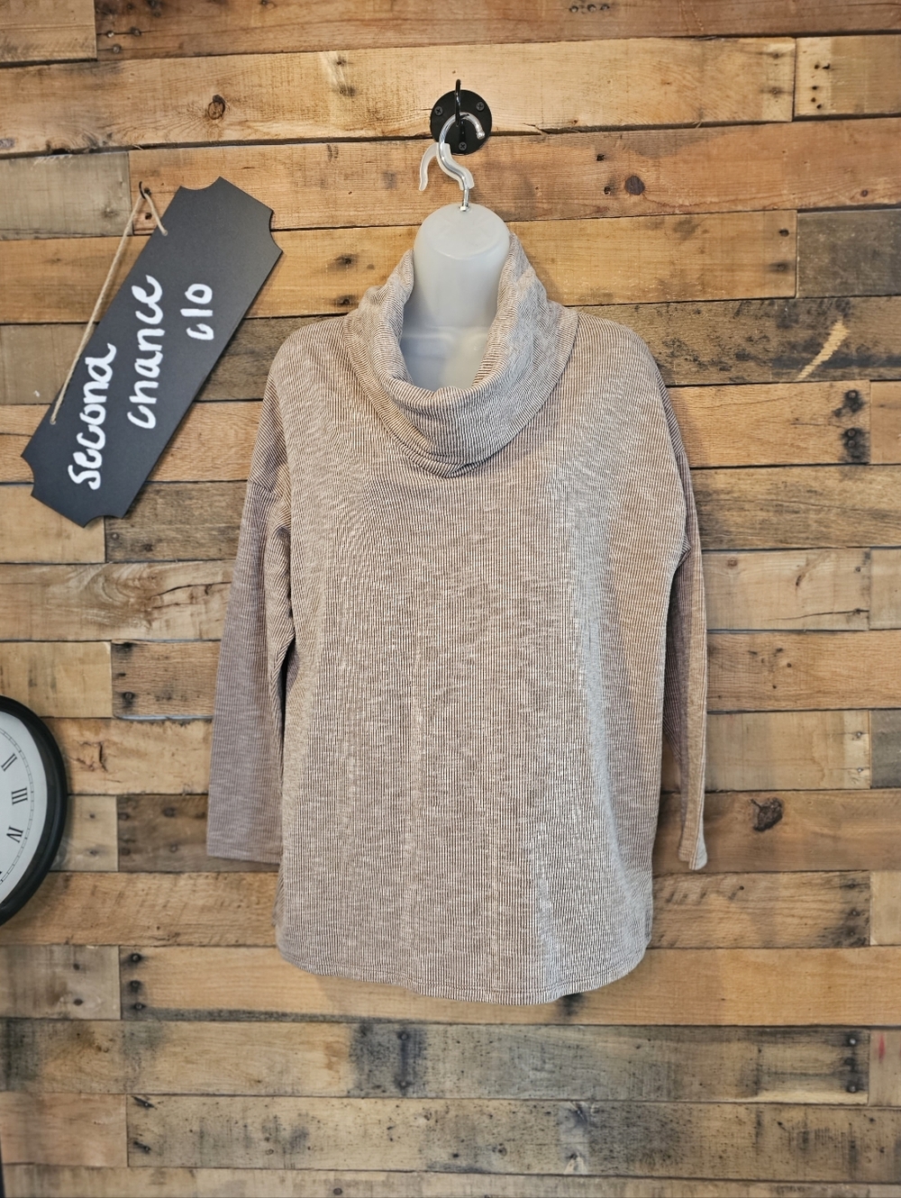 Green Envelope Womens Light Brown Ribbed Cowl Neck Long Sleeve Top Size M